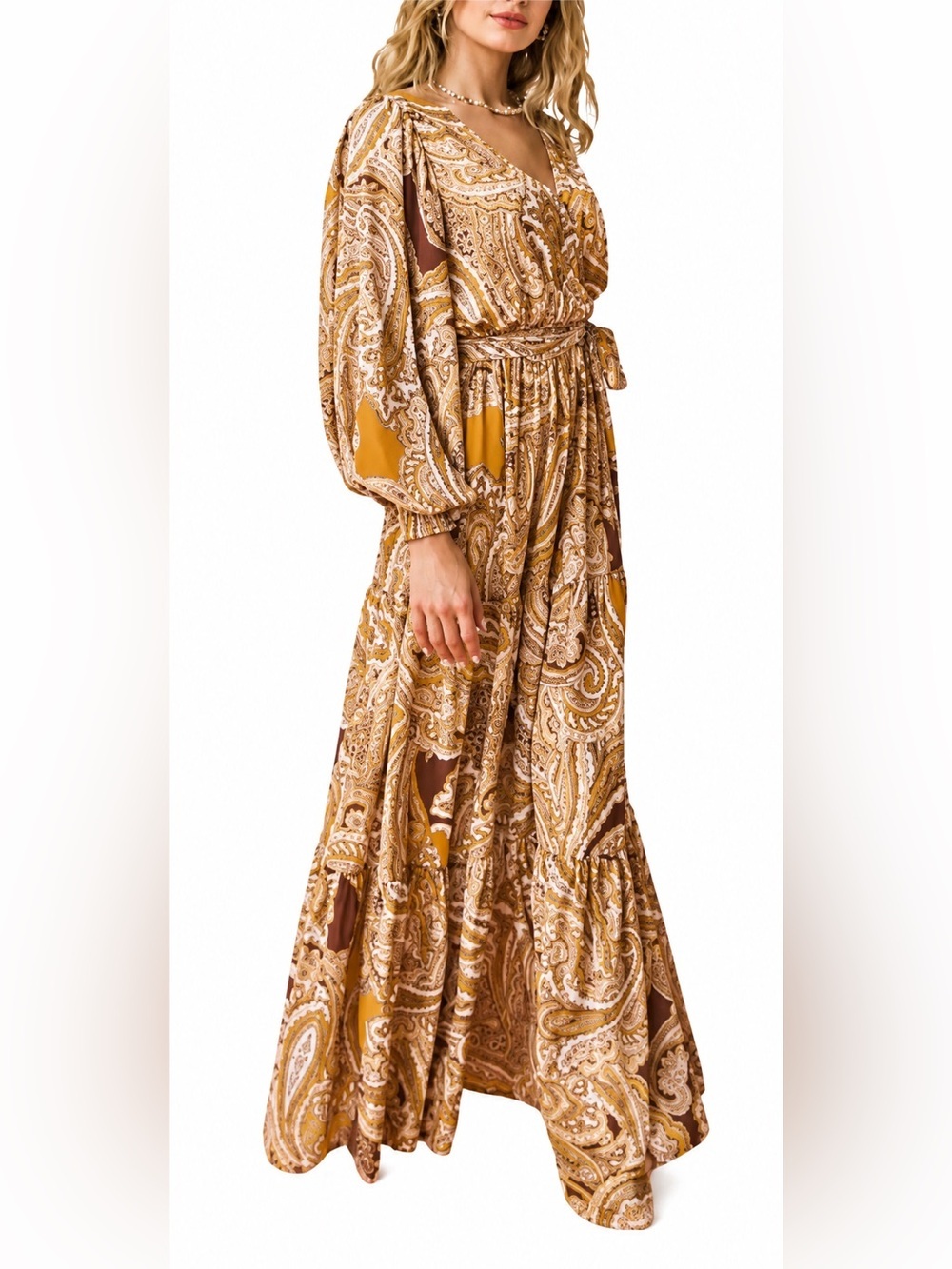 Flying Tomato Paisley Warm Autumn balloon sleeve maxi dress Size M Boho